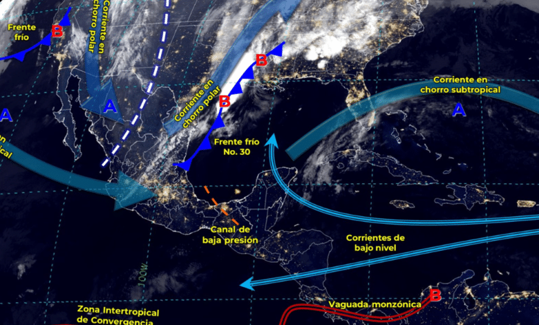 Frente Frío no. 30 provocará lluvias fuertes al Norte y Sur del país
