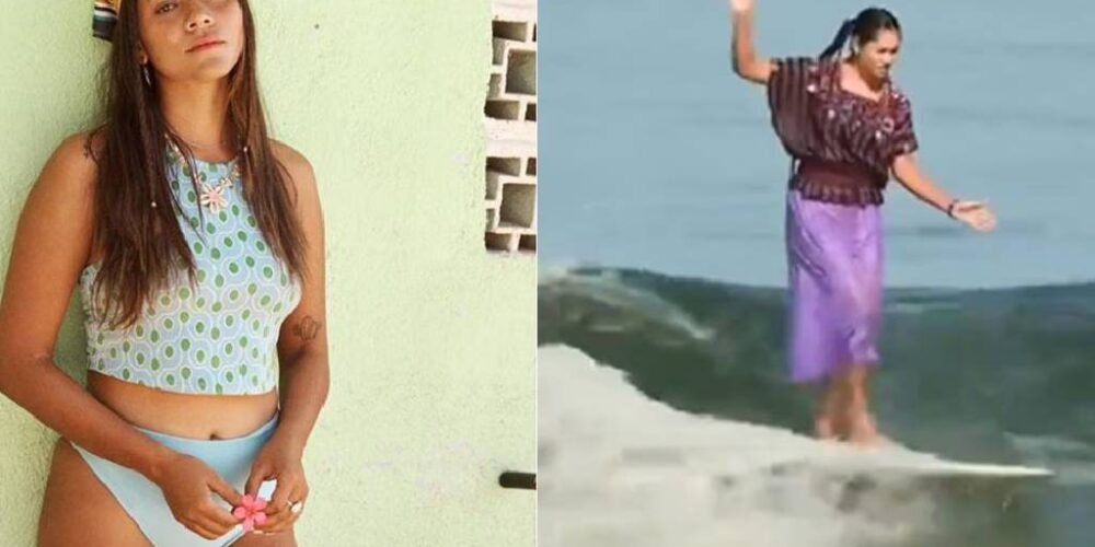 Surfista mexicana Patricia Ornelas desafía olas con vestido huipil