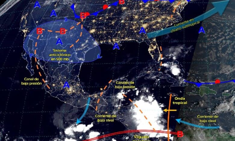 Se pronostican lluvias puntuales muy fuertes en Quintana Roo y puntuales fuertes en Guerrero, Oaxaca, Chiapas, Tabasco, Campeche y Yucatán.