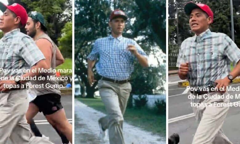 Hombre disfrazado de Forrest Gump corre un maratón