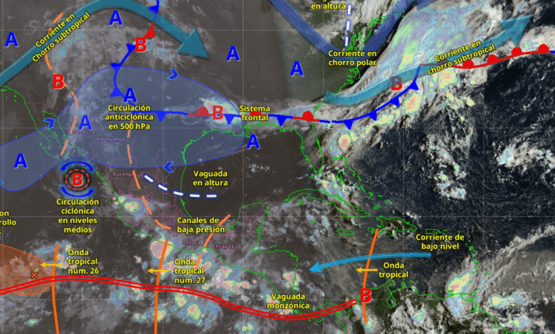 Para hoy, el monzón mexicano, el aire húmedo generado por la corriente en chorro subtropical, y una circulación ciclónica en niveles medios de la atmósfera, mantendrán lluvias puntuales fuertes a muy fuertes en noroeste de México