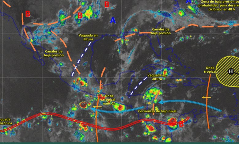 Este día, el monzón mexicano, en combinación con inestabilidad atmosférica, originarán lluvias puntuales intensas en el sur de Sinaloa y Nayarit; lluvias fuertes a muy fuertes en el noroeste del país.