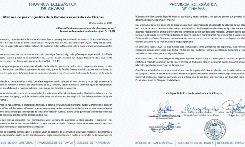 Iglesia católica de Chiapas emite mensaje de paz y justicia ante la ola de violencia