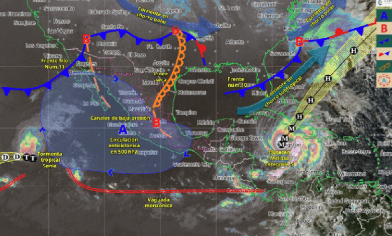 Para hoy, el frente frío núm. 11 que recorrerá el noroeste y norte de la República Mexicana, interaccionará con la corriente en chorro subtropical y con una línea seca, originarán chubascos en Nuevo León y Tamaulipas, y vientos con rachas muy fuertes de 65 a 80 km/h en los estados fronterizos del noreste de México.
