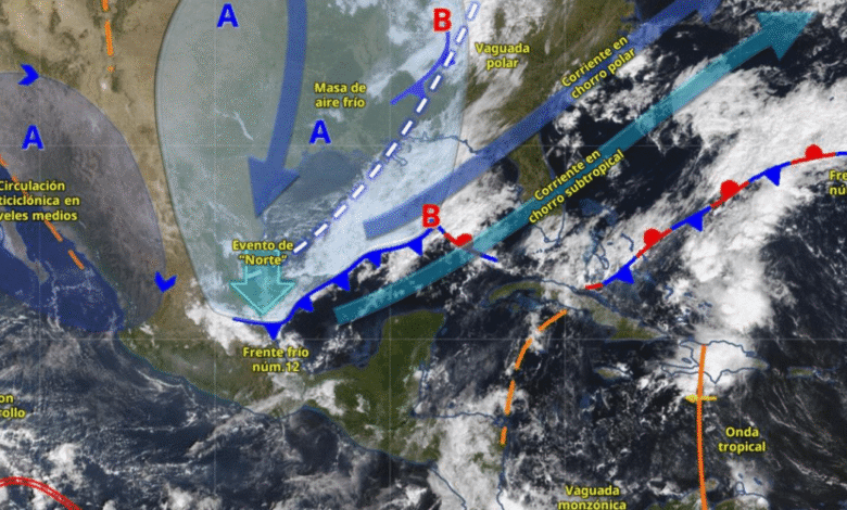 El frente frío 12 provocará lluvias fuertes en el sureste y Norte en el Golfo de México