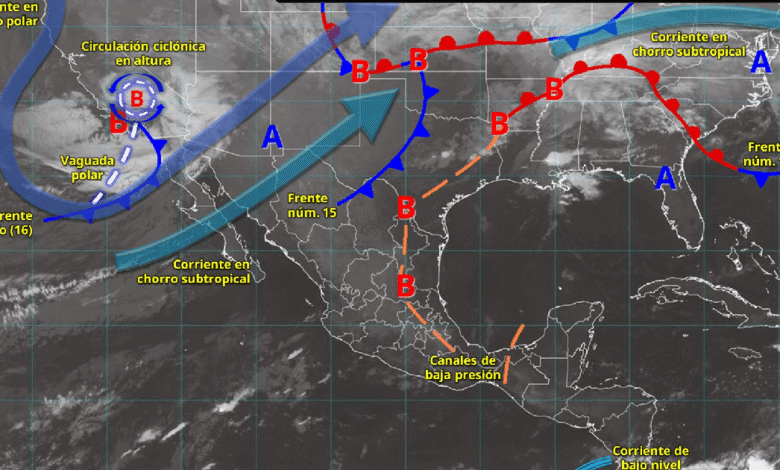 Para hoy, el nuevo frente frío (núm. 16) que se aproximará al noroeste del país, asociado con una circulación ciclónica en altura y con una vaguada polar, en interacción con las corrientes en chorro polar y subtropical, dará origen a la primera tormenta invernal de la temporada.