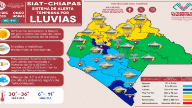 Emiten alerta amarilla por lluvias intensas en regiones de Chiapas