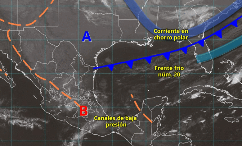 Para hoy, el frente frío núm. 20 se extenderá sobre el noreste de México, ocasionará fuertes rachas de viento en Coahuila, Nuevo León y Tamaulipas.