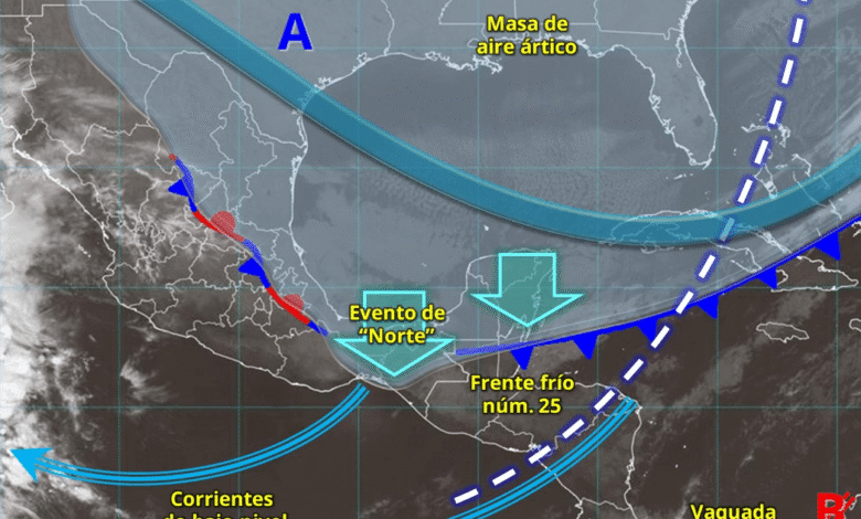 Para hoy, el frente frío núm. 25 dejará de afectar a México, sin embargo, la masa de aire ártico asociada al frente cubrirá el noreste, oriente y sureste de México