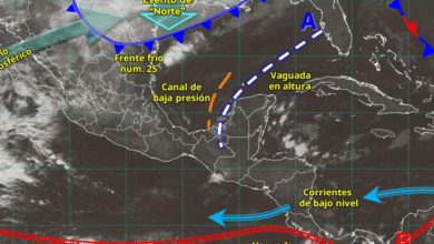 Para hoy, el frente frío núm. 25 se desplazará sobre el litoral del golfo de México, en interacción con un río atmosférico y una vaguada en altura sobre la península de Yucatán, originarán lluvias puntuales intensas