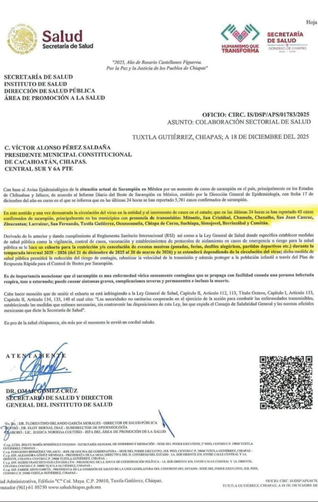Suspensión de eventos por brote de sarampión en Chiapas