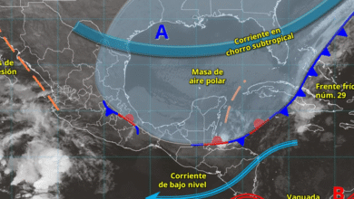 Este día, el frente frío núm. 29 se desplazará sobre el mar Caribe, sin afectar a la República Mexicana, sin embargo, su masa de aire polar cubrirá el golfo de México.