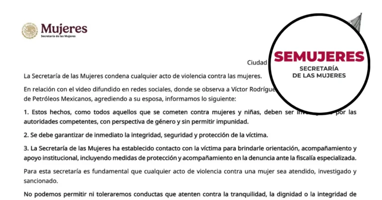 La Secretaría de las Mujeres condena cualquier acto de violencia contra las mujeres.
