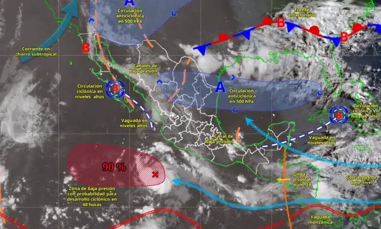 Pronóstico del clima: fuerte lluvias por circulaciones ciclónicas y canales de baja presión (Imagen de Conagua)